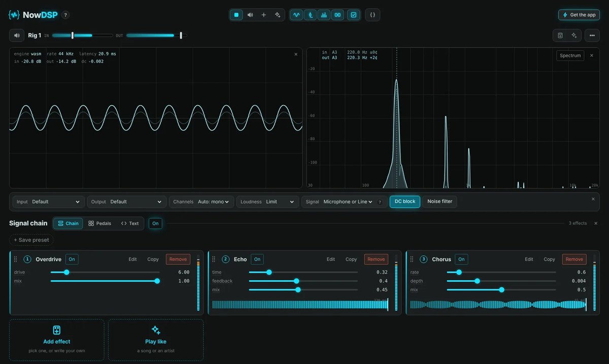 The NowDSP app: oscilloscope, spectrum and a chain of Overdrive, Echo and Chorus